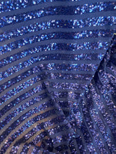 Load image into Gallery viewer, Navy Blue Stripe Desings Stretch Sequins 4 Way On Blue Mesh Sequins Fabric By Yard
