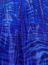 Load image into Gallery viewer, iridescent Hologram R/blue tiger design spandex stretch for all 4 sides 58/60 wide sold by the yard
