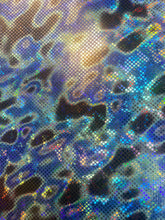 Load image into Gallery viewer, iridescent Hologram blue/black lava design spandex stretch for all 4 sides 58/60 wide sold by the yard
