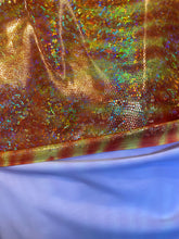 Load image into Gallery viewer, iridescent Hologram Orage tiger design spandex stretch for all 4 sides 58/60 wide sold by the yard
