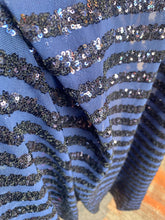 Load image into Gallery viewer, Striped sequin fabric with Mesh stretches for all 4 sides in navy sold by the yard
