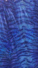Load and play video in Gallery viewer, iridescent Hologram roya blue tiger design spandex stretch for all 4 sides 58/60 wide sold by the yard
