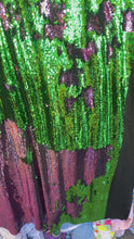 Load and play video in Gallery viewer, Green/ purple Reversible Stretch Sequins On 2 Way Stretch Spandex Sequins Fabric By Yard
