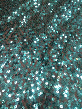 Load image into Gallery viewer, Iridescent Hunter Green Drop Sequins Desings Stretch Sequins 2 Way On Black Mesh Sequins Fabric By Yard
