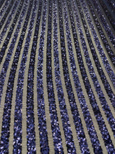 Load image into Gallery viewer, Navy Blue Stripe Desings Stretch Sequins 4 Way On Blue Mesh Sequins Fabric By Yard
