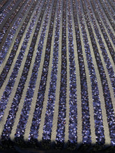 Load image into Gallery viewer, Navy Blue Stripe Desings Stretch Sequins 4 Way On Blue Mesh Sequins Fabric By Yard
