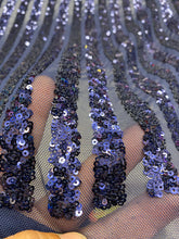 Load image into Gallery viewer, Navy Blue Stripe Desings Stretch Sequins 4 Way On Blue Mesh Sequins Fabric By Yard
