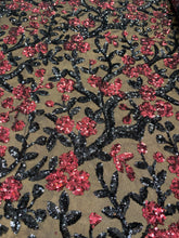 Load image into Gallery viewer, Burgundy/Black Floral/Flowers Desings Stretch Sequins 2 Way On Black Mesh Sequins Fabric By Yard
