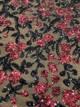 Load image into Gallery viewer, Burgundy/Black Floral/Flowers Desings Stretch Sequins 2 Way On Black Mesh Sequins Fabric By Yard
