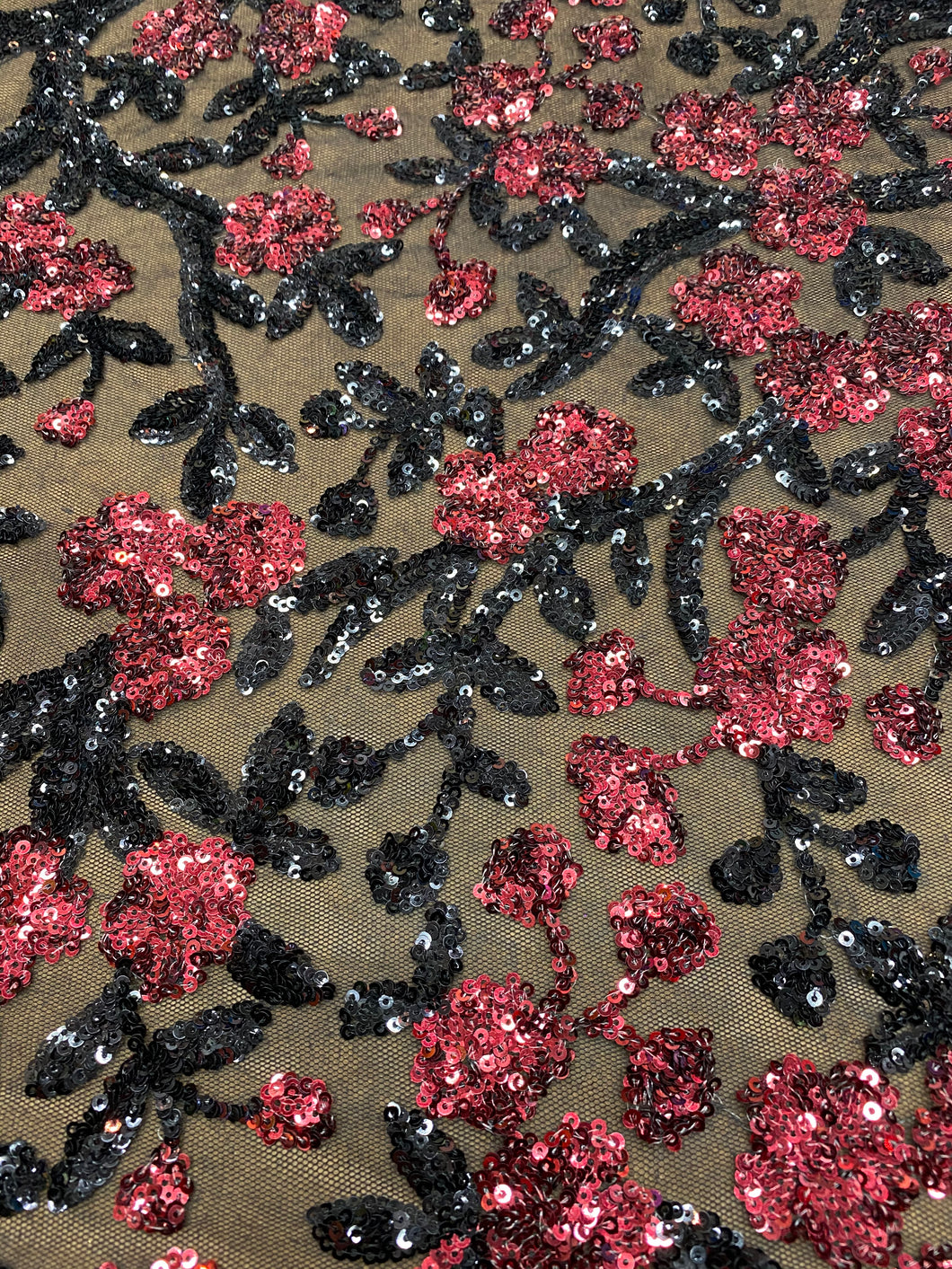 Burgundy/Black Floral/Flowers Desings Stretch Sequins 2 Way On Black Mesh Sequins Fabric By Yard