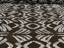 Load image into Gallery viewer, Silver Geometric  Desings Stretch Sequins 4 Way On Black Mesh Sequins Fabric By Yard
