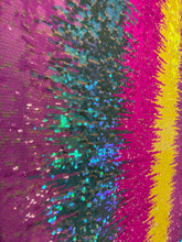 Load image into Gallery viewer, Multi-Color Rainbow Wave Desings Stretch Sequins 2 Way On White Mesh Sequins Fabric By Yard
