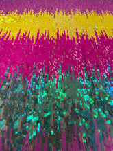 Load image into Gallery viewer, Multi-Color Rainbow Wave Desings Stretch Sequins 2 Way On White Mesh Sequins Fabric By Yard
