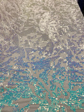 Load image into Gallery viewer, Aqua Blue Iridescent Sequins Geometric Stretch Sequins On 4 Way White Stretch Velvet Sequins Fabric By Yard
