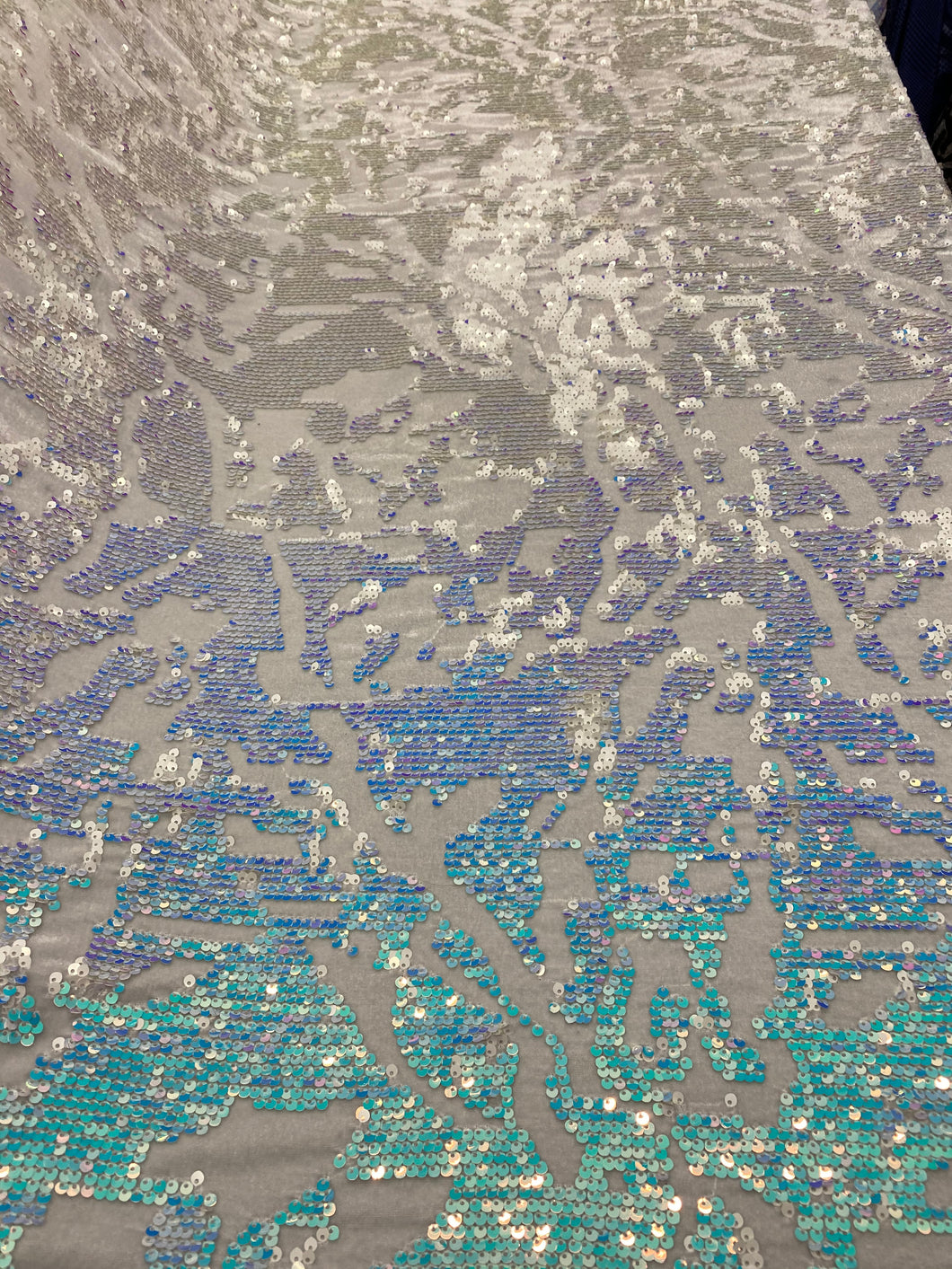 Aqua Blue Iridescent Sequins Geometric Stretch Sequins On 4 Way White Stretch Velvet Sequins Fabric By Yard