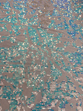 Load image into Gallery viewer, Aqua Blue Iridescent Sequins Geometric Stretch Sequins On 4 Way White Stretch Velvet Sequins Fabric By Yard
