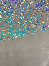 Load image into Gallery viewer, Aqua Blue Iridescent Sequins Geometric Stretch Sequins On 4 Way White Stretch Velvet Sequins Fabric By Yard
