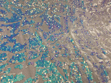 Load image into Gallery viewer, Aqua Blue Iridescent Sequins Geometric Stretch Sequins On 4 Way White Stretch Velvet Sequins Fabric By Yard
