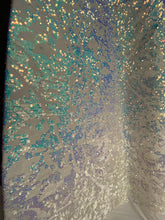 Load image into Gallery viewer, Aqua Blue Iridescent Sequins Geometric Stretch Sequins On 4 Way White Stretch Velvet Sequins Fabric By Yard
