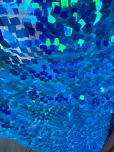 Load image into Gallery viewer, Blue Hologram Geometric Desings Stretch Sequins 2 Way On Stretch Mesh Sequins Fabric By Yard
