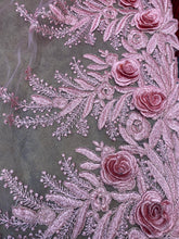 Load image into Gallery viewer, 3D Beaded Floral Mesh Lace Fabric With Double Border By Yard Pink Ku
