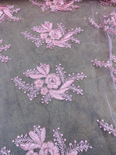 Load image into Gallery viewer, 3D Beaded Floral Mesh Lace Fabric With Double Border By Yard Pink
