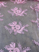 Load image into Gallery viewer, 3D Beaded Floral Mesh Lace Fabric With Double Border By Yard Pink Ku
