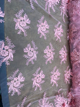 Load image into Gallery viewer, 3D Beaded Floral Mesh Lace Fabric With Double Border By Yard Pink Ku
