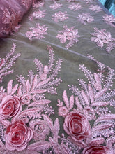 Load image into Gallery viewer, 3D Beaded Floral Mesh Lace Fabric With Double Border By Yard Pink Ku
