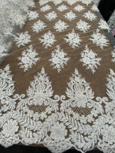 Load image into Gallery viewer, Beaded Floral Mesh Lace Fabric With Double Border By Yard Off White
