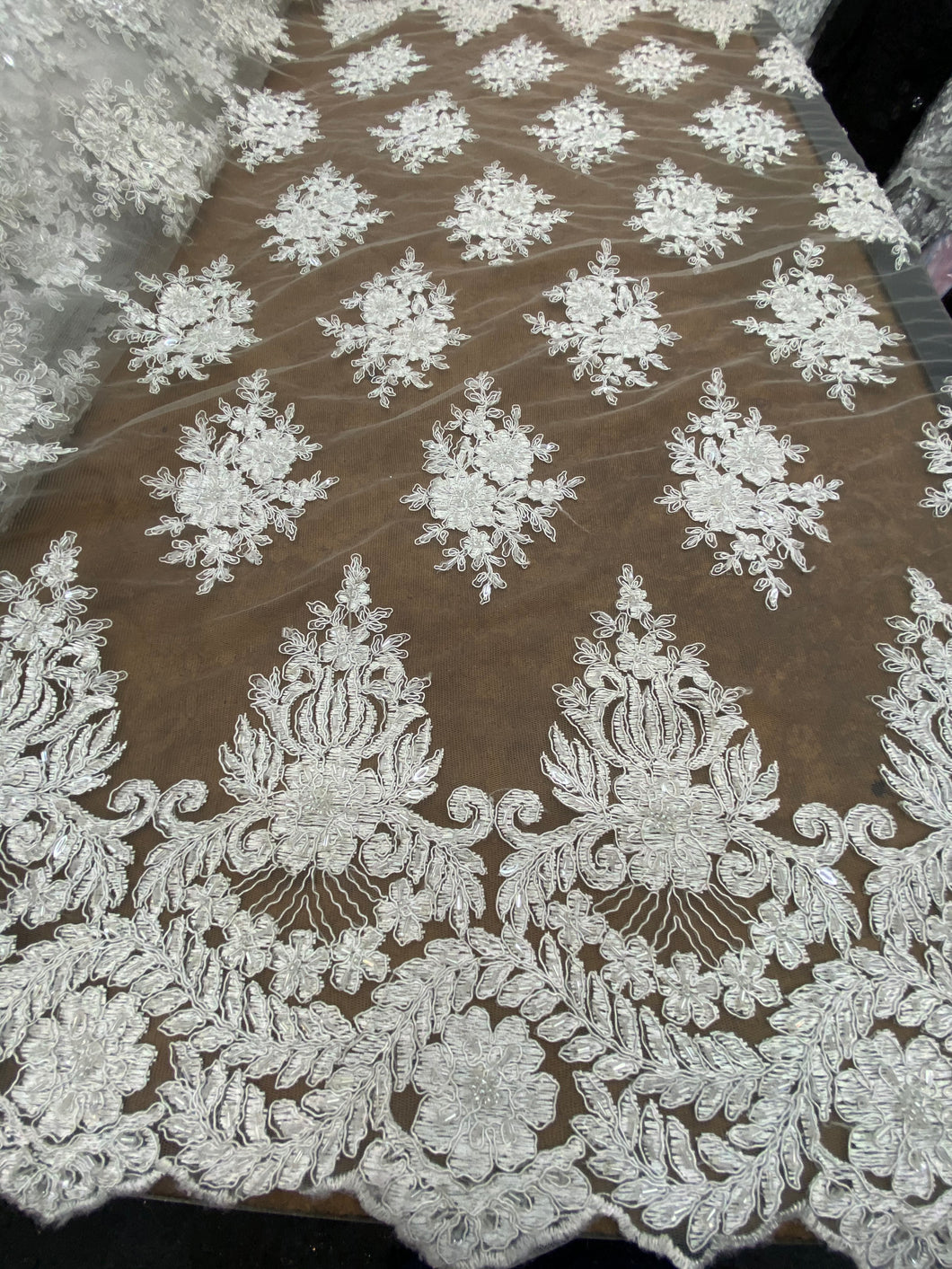 Beaded Floral Mesh Lace Fabric With Double Border By Yard Off White