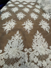 Load image into Gallery viewer, Beaded Floral Mesh Lace Fabric With Double Border By Yard Off White
