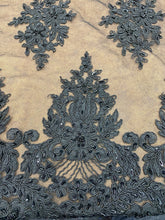 Load image into Gallery viewer, Beaded Floral Mesh Lace Fabric With Double Border By Yard Black
