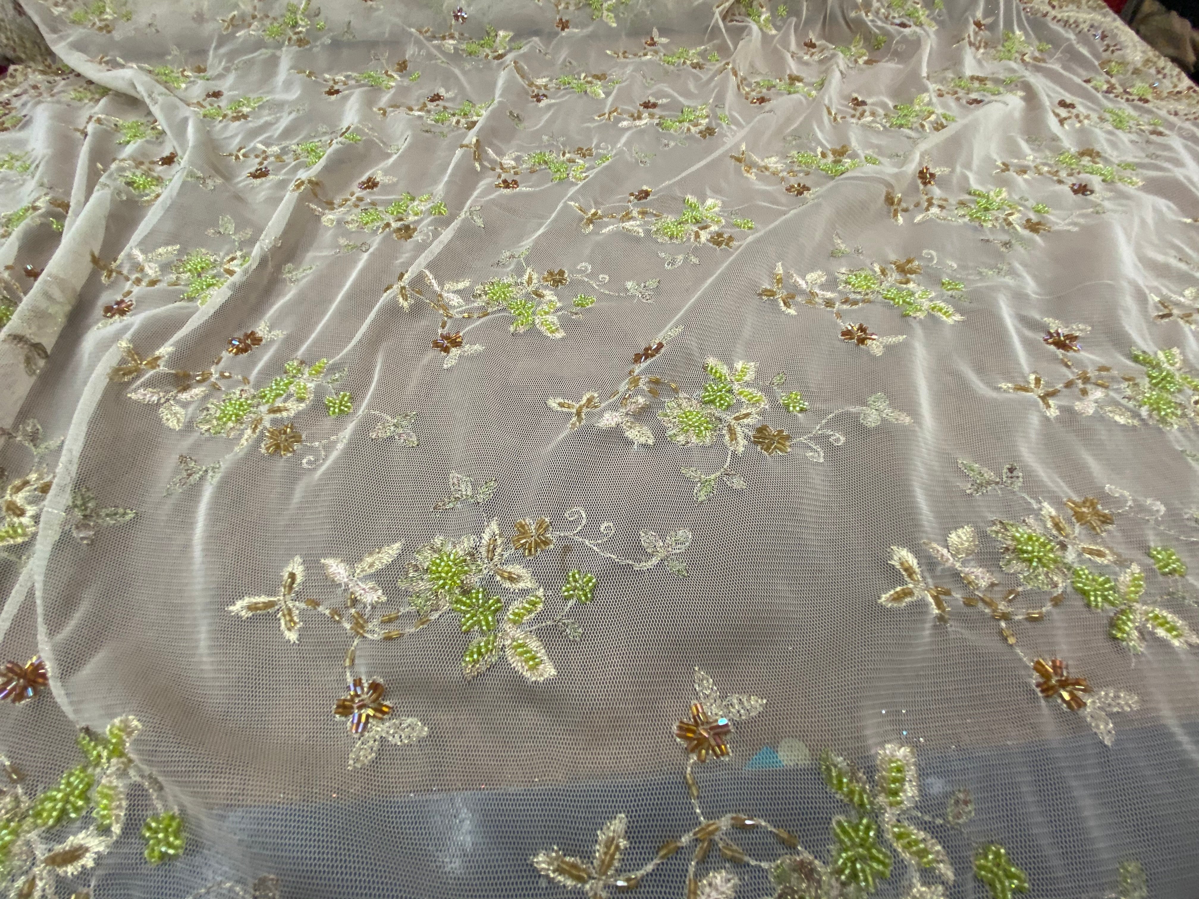 Beaded Floral Mesh Lace Fabric With Double Border By  Off White/Green
