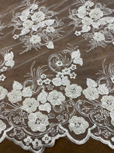 Load image into Gallery viewer, Beaded Floral Mesh Lace Fabric With Double Border By Yard Off White
