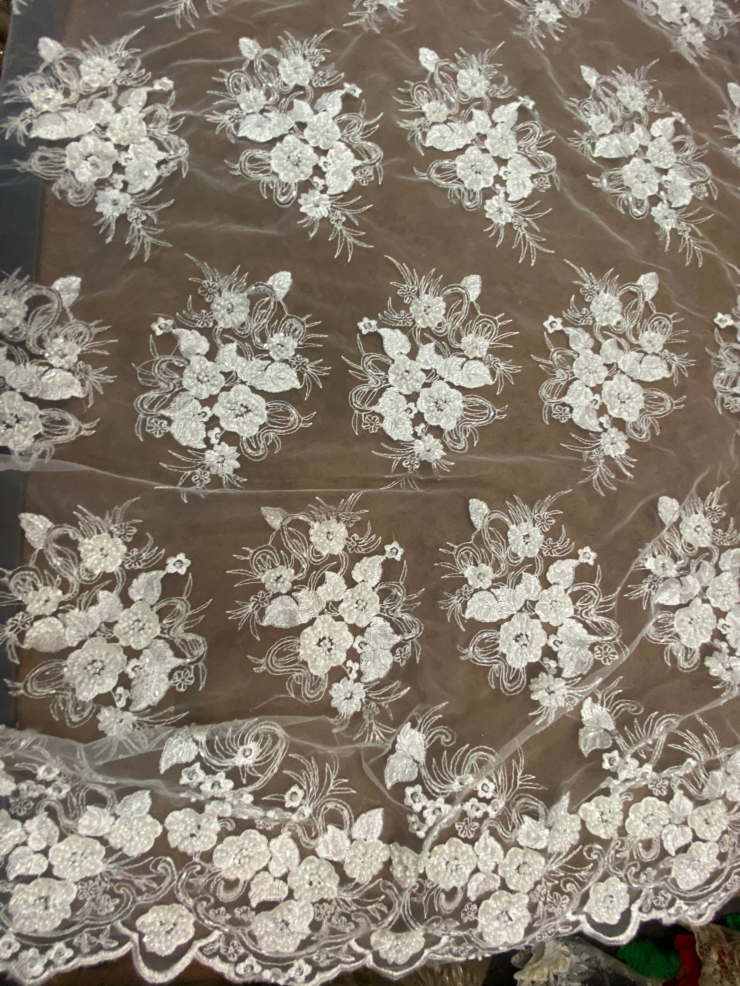 Beaded Floral Mesh Lace Fabric With Double Border By Yard Off White