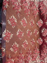 Load image into Gallery viewer, Burgundy/Gold Floral Mesh Lace Fabric With Double Border By Yard
