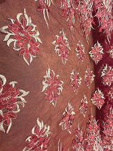 Load image into Gallery viewer, Burgundy/Gold Floral Mesh Lace Fabric With Double Border By Yard
